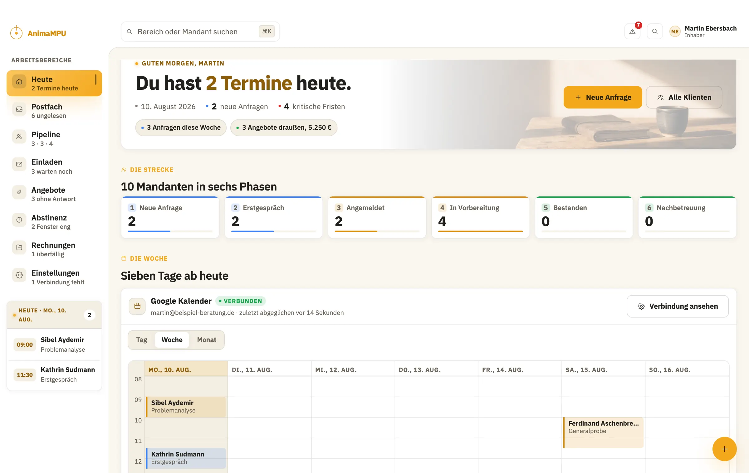 Der Bildschirm „Heute“ im AnimaMPU Dashboard. Was heute ansteht, in einem Bild: Termine, neue Anfragen, knappe Fristen.